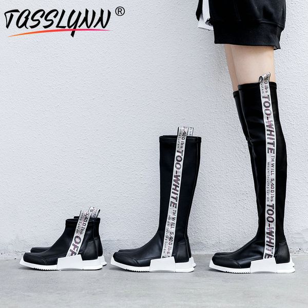 

tasslynn 2019 faux suede slim boots korea style slip-on square toe genuine leather stretch fabric over the knee boots size 35-39, Black
