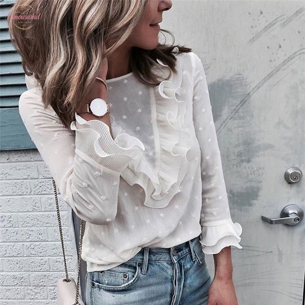 

new fashion womens blouses ladies ruffle frill long sleeve casual blouse drop shipping good quality, White