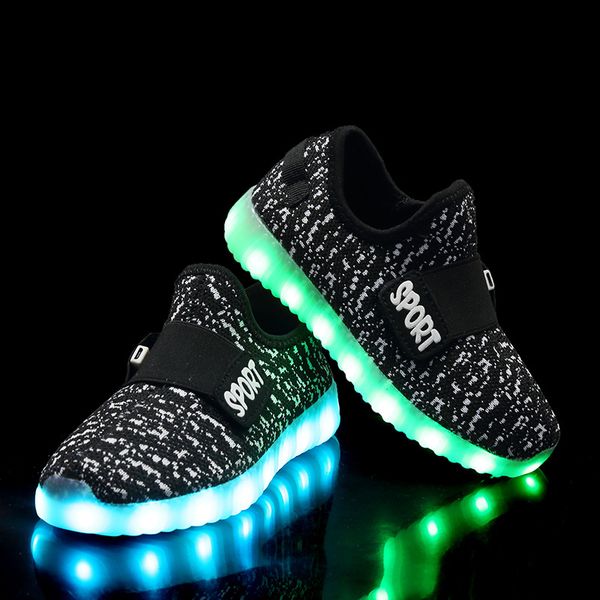 

kids sneakers children usb charging colorful led lights shoes boys girls flying woven luminous breathable running shoes designer sneakers, Black