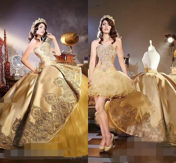 İnanılmaz Altın 2019 Sevgiliye Quinceanera Gelinlik Modelleri ile Ayrılabilir Tren Lüks Aplikler Balo Akşam Parti Tatlı 16 Elbise Vestidos