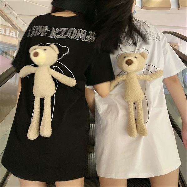 

with enjun] a429 detachable bear letter printing girlfriends medium-length short-sleeved t-shirt female [with enjun] a429 detachable bear l, White