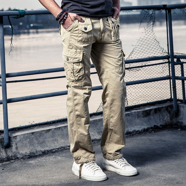 

2019 mens cargo pants solid khaki breathable summer large size multi pocket long trouser spliced pantalon homme, Black