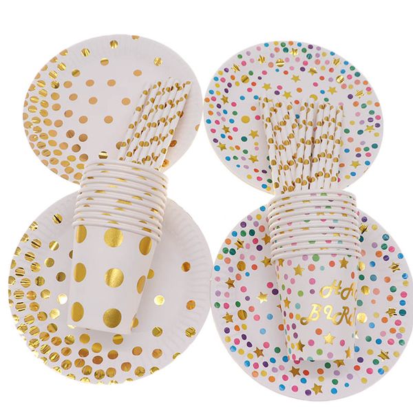 

10pcs/lot plate straw cup disposable tableware stamping colorful decoration for wedding birthday supplies