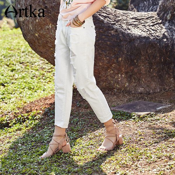

artka new simple butterfly pattern ladies jeans cotton soft hole pocket design casual white jeans women long pants kn10686c, Blue