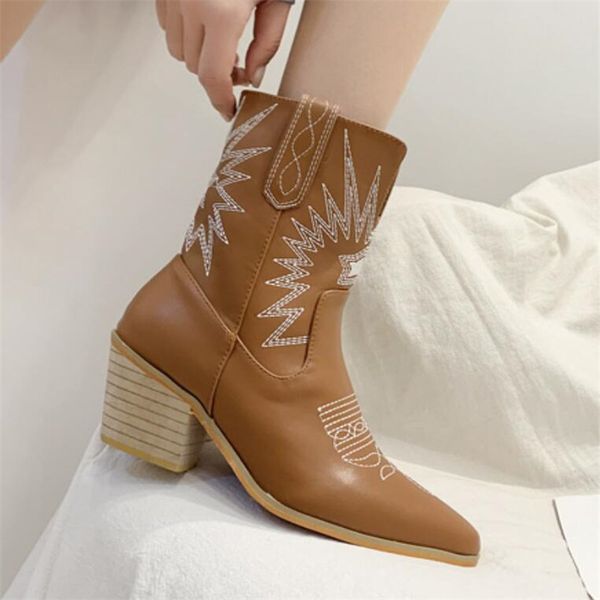 

brown black faux leather retro cowboy ankle boots for women wedge high heel boots embroidery short western cowgirl
