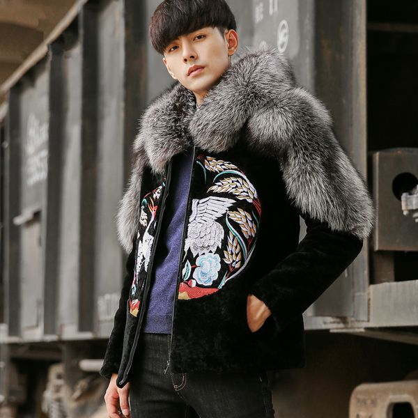 

new wool fur men's jacket fur collar coat national style embroidery hooded fashion men's jacket, Black