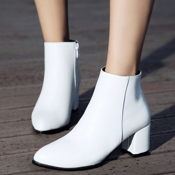 

white ankle boots for women chunky boots high heel autumn winter pointed toe booties woman fashion zipper brown black 2019