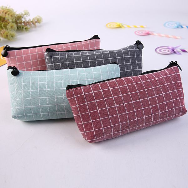 

new lattice canvas pencil case students pencil bag simple grid box school stationery supplies office pen bag writing gift