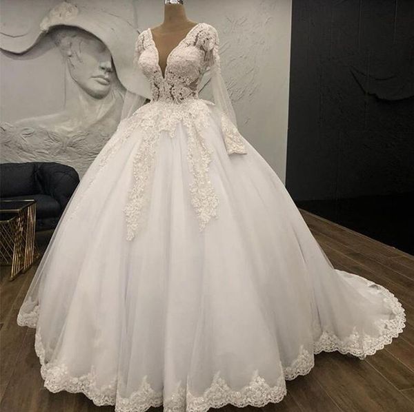 

deep v neck ball gown wedding dresses 2019 new long sleeve lace applique beading sweep strain wedding gowns bridal dress, White