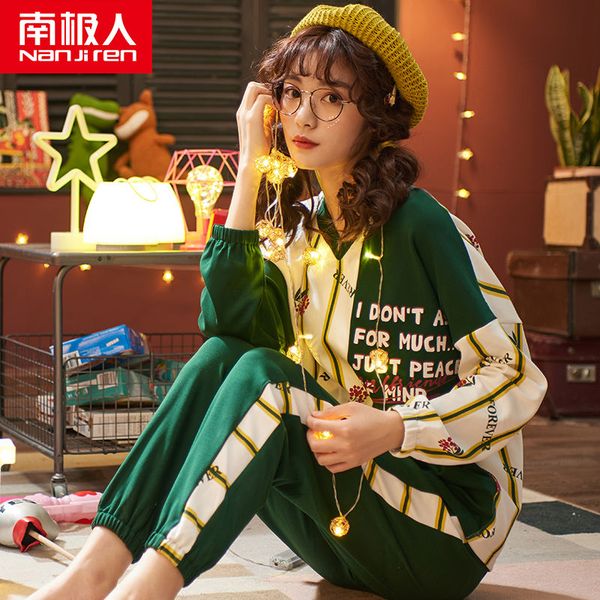 

nanjiren pajamas female cotton long sleeve spring and autumn korean version of sweet student cotton tracksuit can waichuan two-piece set, Blue;gray