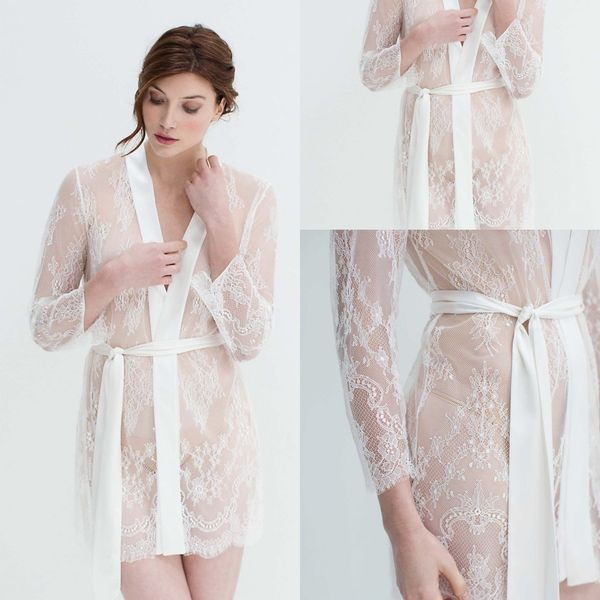 

sheer girlandaseriousdream sleepwear women bathrobe long sleeve v neck tulle lace cloak sash short prom bridesmaid shawel, White