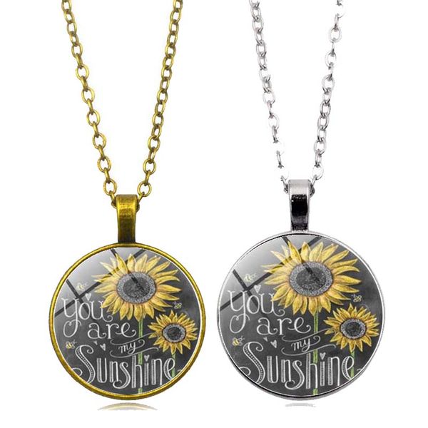 

vintage sunflower necklace for women females you are my sunshine letter glass bronze chain pendant jewelry gift sale, Golden;silver
