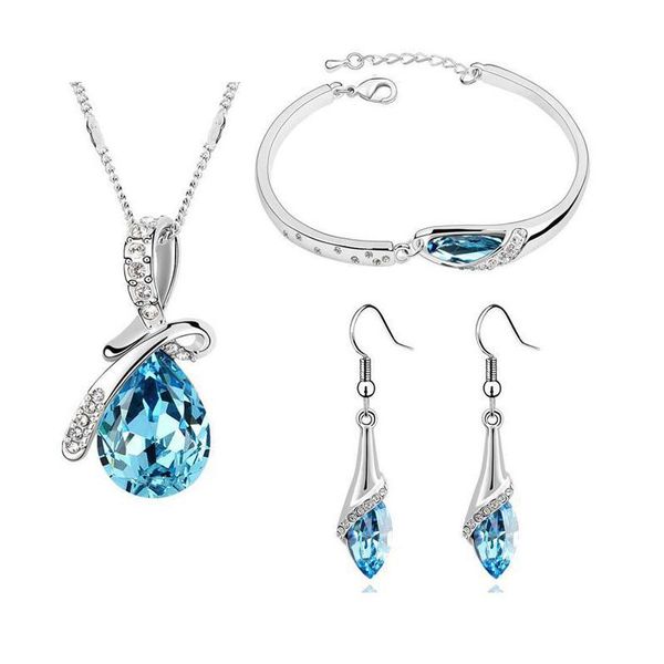 

noble 18k white gold plated austrian crystal necklace earrings bracelet jewelry setshinny diamond wedding jewelry sets made with swa element, Black