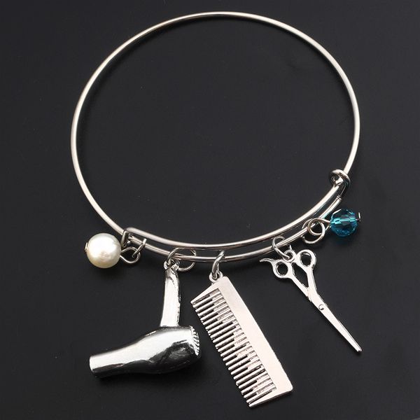 

2019 hair dryer scissors comb charm expandable wire bangle adjustable bracelet funny haircut tool model bangles for barbers, Black