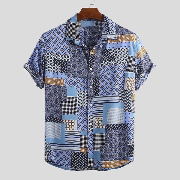 

2020 men printed shirt breathable loose short sleeve ethnic casual street vacation hawaiian shirts beach camisa masculina, White;black