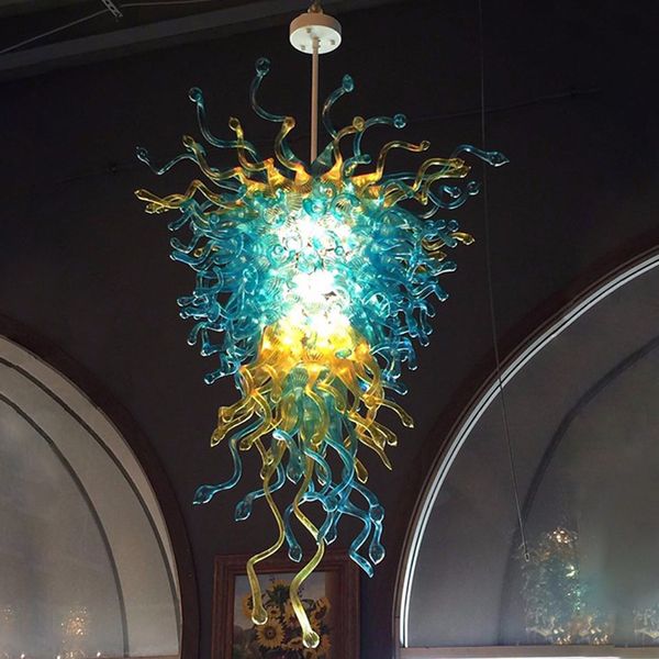 Lampade francesi Lampadari soffiati a mano in cristallo Lampadario in vetro colorato blu e ambra Illuminazione per la decorazione della hall dell'hotel