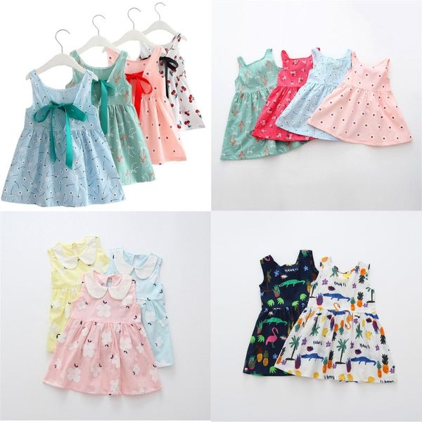 

baby flower printed dress summer girls vest beach dress sleeveless cherry dandelion crocodile pattern cotton dress, Red;yellow