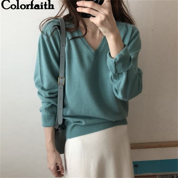 

colorfaith women's sweaters autumn winter 2019 pullover knitting v-neck elegant card casual solid long sleeve loose sw7136, White;black