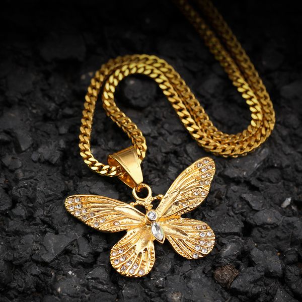 

new fashion hip hop lovers gold and silver plated butterfly necklace chain stainless steel cuban rapper chains jewelry gifts for couples