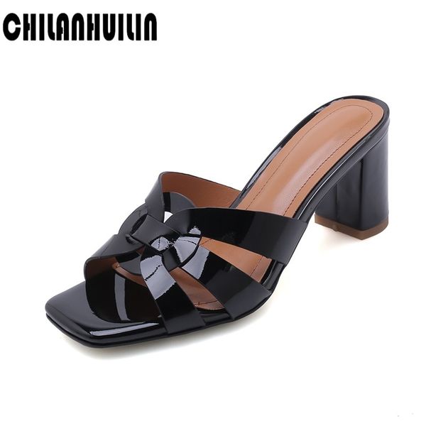 

women slippers patent leather square heels open toe women sandals black white apricot ladies casual shoes woman