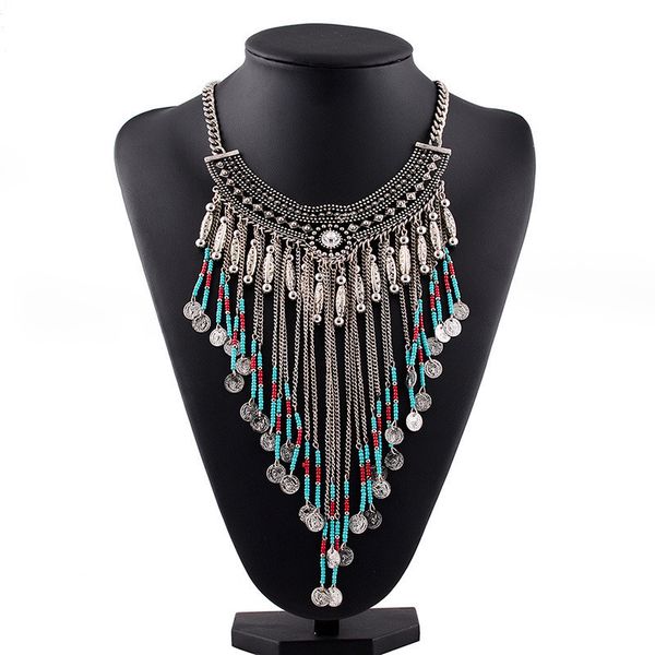 

bohemian rhinestone coin tassel necklace women colorful beads statement necklace collares ethnic collier jewelry bijoux, Silver
