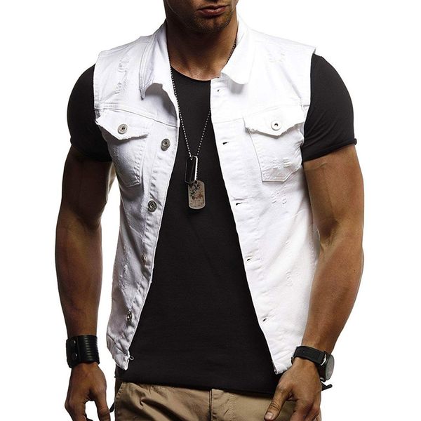 

men's vests jeans vest jacket men slim fit destroyed vintage waistcoat fashion outwear denim sleeveless man d90523, Black;white