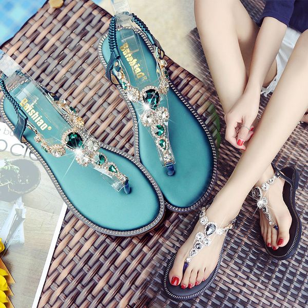 

sycatree 2019 pearls crystal flowers women slippers summer beach slippers flip flops sandals luxury ladies flats shoes, Black