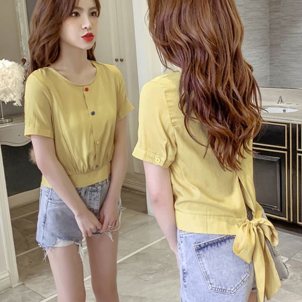 

shintimes lace up bow blouse short sleeve short womens and blouses 2020 summer women clothing shirt blouse femme, White