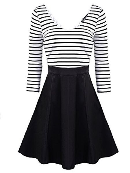

omeya.wanshida. women's vintage stripe scoop neck short 3/4 long sleeve swing dress, Black;gray