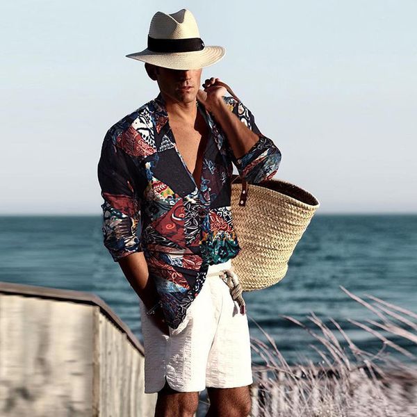

men's shirt camisa vintage hawaiian printed long sleeve men shirt casual turn down collar loose male blouse camisa masculina, White;black