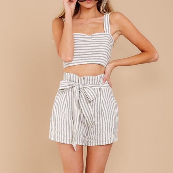 

women fashion camis o-neck striped crop loose bandage short pants suit 3.06, White