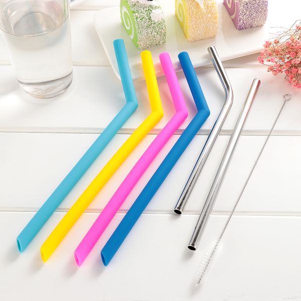 

7pcs/set stainless steel and silicone drinking straws reusable kitchen tool stainless steel cleaner brush kitchen bar accessory