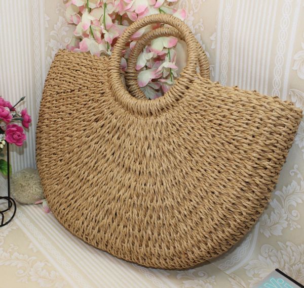 

hand woven round moon shaped straw totes beach travel party bag large bucket summer bags ladies designer handbags size 40cm 28cm 7cm fashion