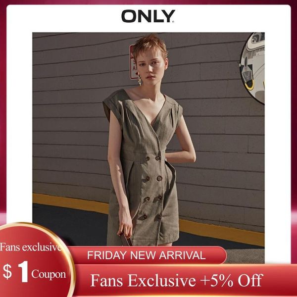 

only women's v-neckline linen dress | 119207515, Black;gray