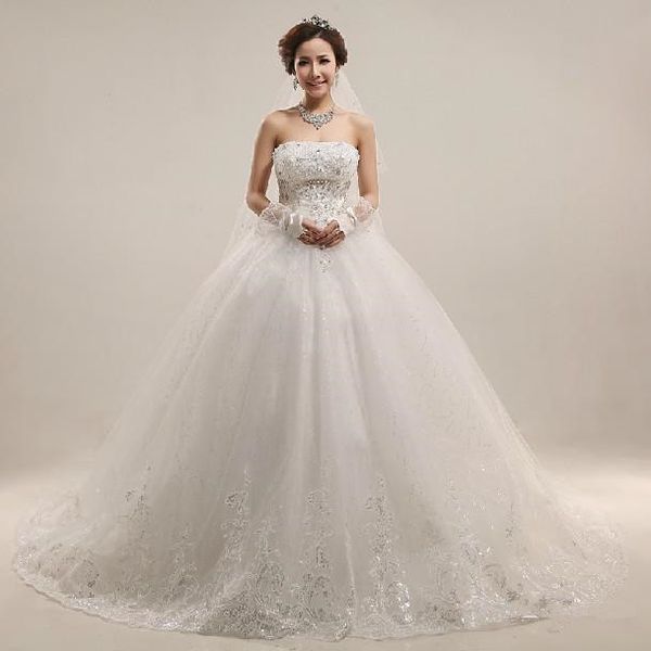

новые роскошные бальные платья свадебные платья royal puffy белые аппликация бусы на шнуровке catherdarl поезд плиссированные свадебные плат, White