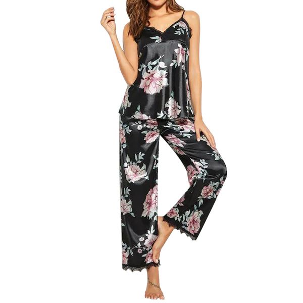 

women lounge wear camisole sleeveless pajamas set floral loose fashion nightwear summer casual polyester pants v neck, Black;red