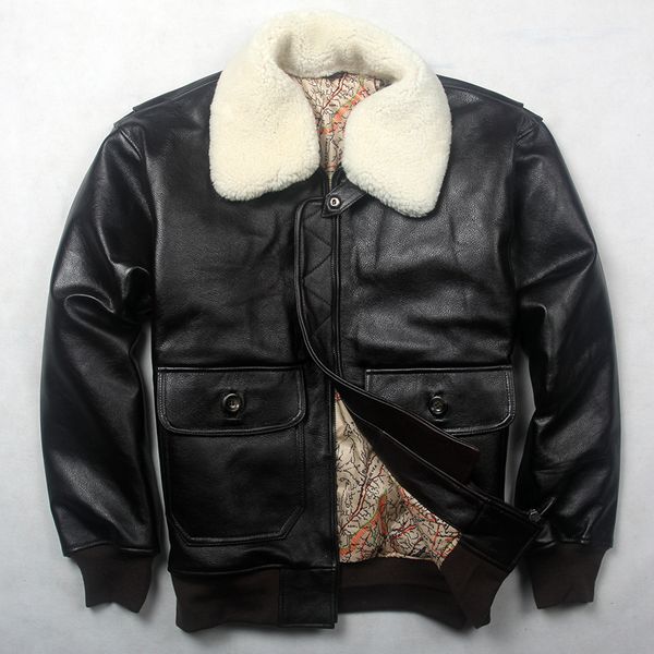 

2020 men's militaly flight jacket winter antumn genuine leather jacket men cow leather coat real fur collar bomber jacket male, Black