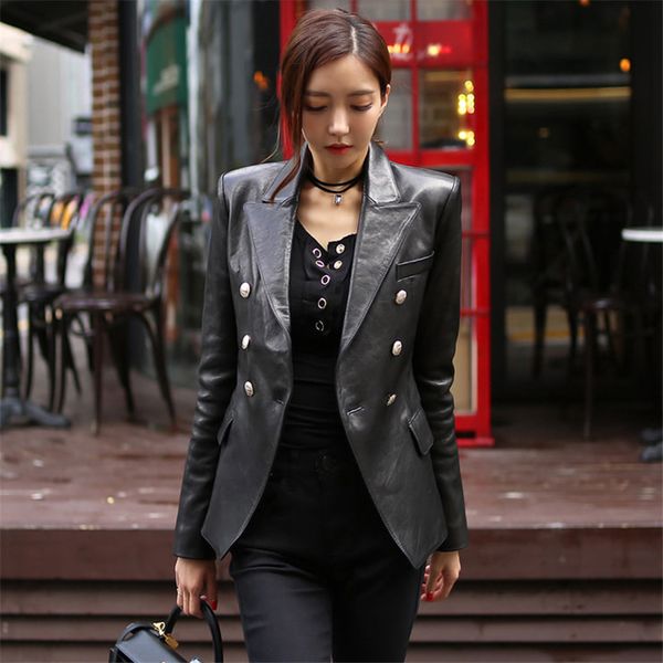 

high street women pu leather jacket fashion double-breasted slim jacket female faux leather outerwear2020 winter coat, White;black