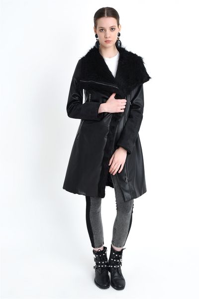 

z6614 dewberry women furry leather coat -black
