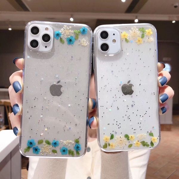 

cute real dried flower phone case for iphone 11 pro max xr xs max 6 6s 7 8 plus x soft epoxy clear glitter back cover