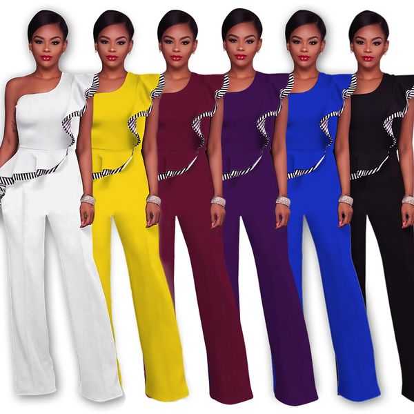 

women overall jumpsuits one shoulder patchwok ruffles backless elegant summer casual fashion white yellow blue black xl romper, Black;white