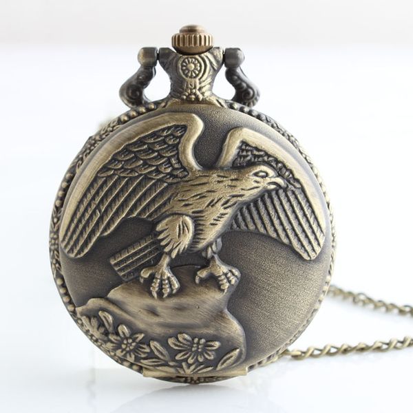 

new bronze eagle pattern quartz pocket watch pendant necklace for men lady women' day gift with chain td2027, Slivery;golden