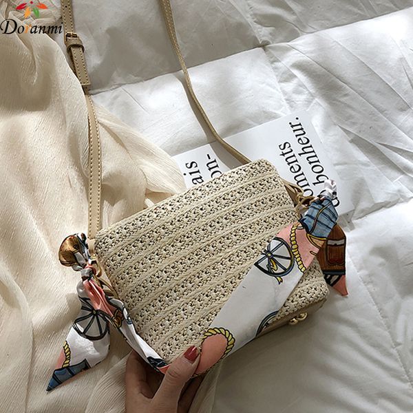

doranmi straw weave handbag women's scarf knitted shoulder bags 2020 summer crossbody bucket beach bags bolsos mujer bg413
