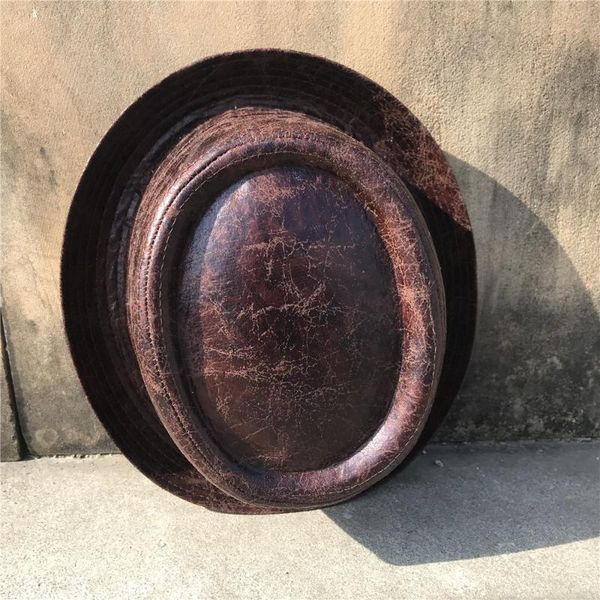 

leather fedora hat dad pork pie hat boater flat for gentleman bowler gambler top, Blue;gray