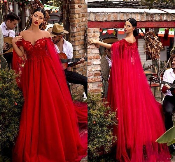 Neue sexy Prom -Kleider von Schulterspitzen Applikationen Empire mit Cape Tulle Langes Abendkleid tragen billige rote Teppich formelle Partykleider 403