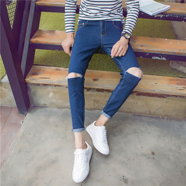 

осень новый стиль с дырками джинсы мужские slim fit 9 очков джинсы молодежный тренд узкие брюки, Blue
