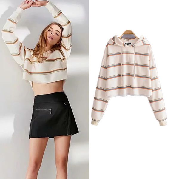 

2018 autumn new style hoodie with sleeves women's occident fashion comfortable stripes hooded short hoodie, Black