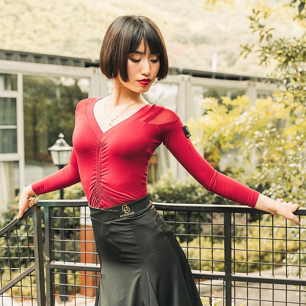 

v-neck latin dancing clothes long sleeves dancewear for & female qiaqia rumba practice clothing 2 colors b0243, Black;red