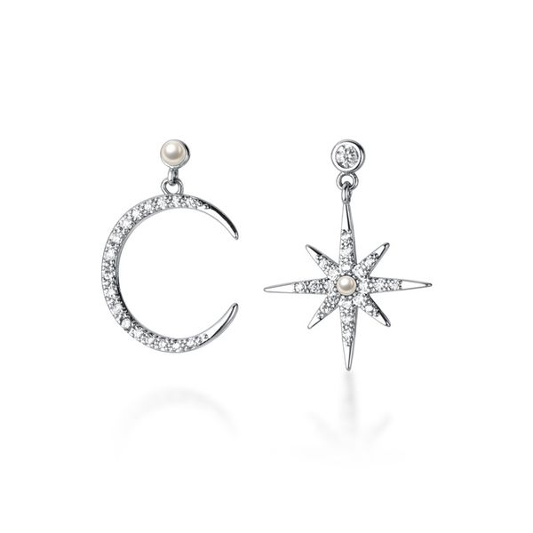 

925 real sterling silver asymmetric inlaid zirconia crystal moon and star shape stud earrings for women lady daughter jewelry, Golden;silver