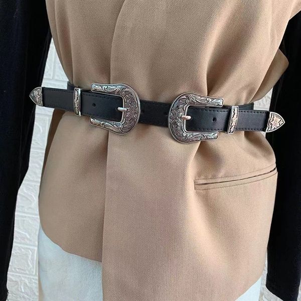 

three-piece carved double-head buckle women's pin buckle black trousers pin trousers belt belt belt, Black;brown